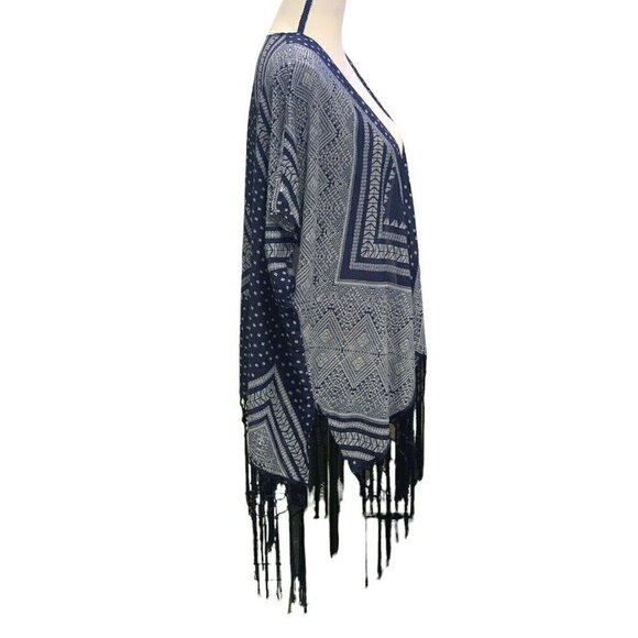 Maurices Womens Open Front Fringe Bottom Cardigan Size S/M Sleeve Blue White - Picture 8 of 12